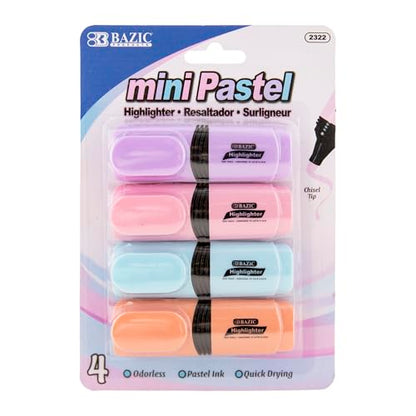 BAZIC PRODUCTS Mini Pastel Highlighters, Chisel Tip, 4 Count, 144-Case | Quick-dry, assorted pastel mini desk-style highlighters, compact barrel, non-toxic, ASTM D-4236, odorless - size: 1 Count (Pack of 144)