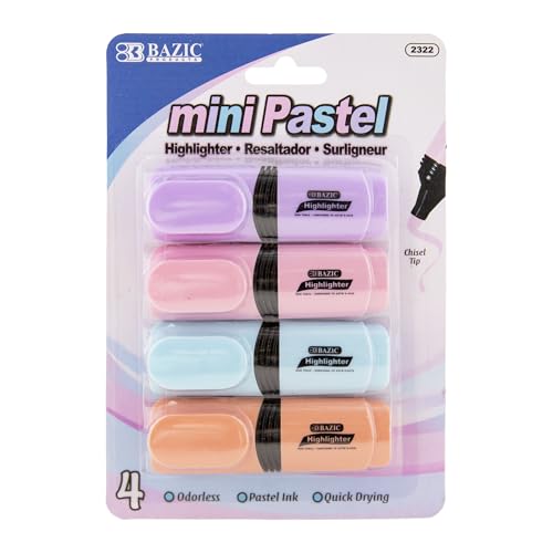 BAZIC PRODUCTS Mini Pastel Highlighters, Chisel Tip, 4 Count, 144-Case | Quick-dry, assorted pastel mini desk-style highlighters, compact barrel, non-toxic, ASTM D-4236, odorless - size: 1 Count (Pack of 144)