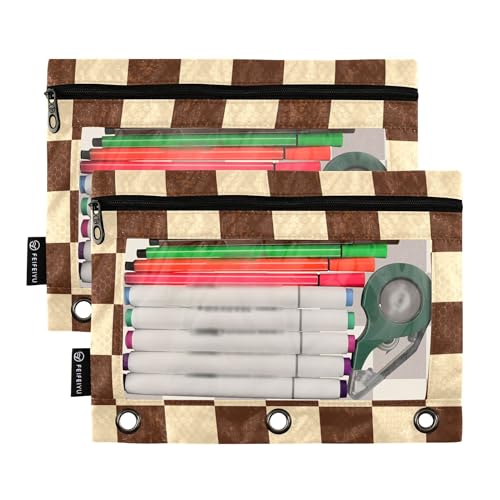 Burlywood Chessboard Binder Pouches 3 Ring for Boys Girls School Office College Supplies Yellow Buffalo Plaid Gold Pencil Pouches Case Bag with Clear Window and Zipper 2 Pack - color: Burlywood