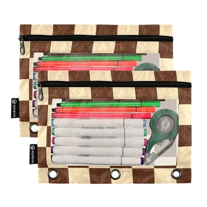 Burlywood Chessboard Binder Pouches 3 Ring for Boys Girls School Office College Supplies Yellow Buffalo Plaid Gold Pencil Pouches Case Bag with Clear Window and Zipper 2 Pack - color: Burlywood