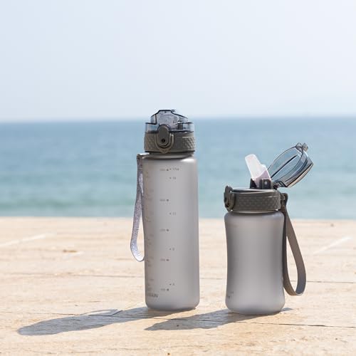 OLDLEY Kids Water Bottle for School, 17 oz (2 lids) BPA-Free Reusable Leak-proof Durable Tritan Plastic Water Bottles with Straw & Chug Lids, Anti-dust Spout Cover (Grey) - color: Grey, size: 16.9 Ounces
