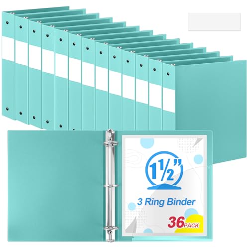 Henoyso 36 Pcs Mint Green 1.5 Inch 3 Ring Plastic Binder Bulk, 1 1/2 Inch Soft Flexible Binders Three Round Rings Fit 8.5x11 Papers for School Office Home File Organization Supplies - color: Mint Green