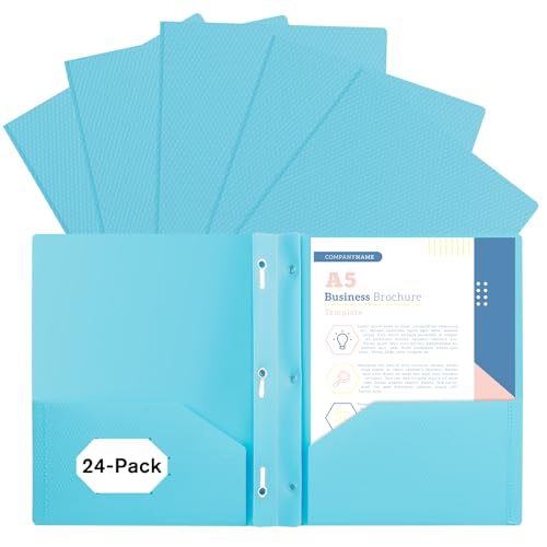 24-Pack Plastic andPockets and Prongs,2-Pocket and3 Fasteners, Pastel Folders Holds 8-1/2" x 11" Paper for School/Office/Home, Blue - color: Light Blue, size: 24-Pack