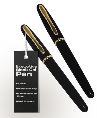 Better Office Products Executive Black Gel Pen, 2 Pack, Classic Business Pen with Removable Cap, Black 0.7mm Medium Point, Gold Accents, Individually Packed in Clear Acrylic Cases