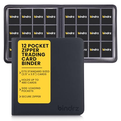bindrz 12 Pocket Zipper Binder for 480 Sleeved Trading Cards (Black) | Side Loading Pockets Album, Archival Safe Material, Compatible with TCG MTG and Sports Collectibles - color: Black