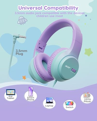 Acer Kids Headphones, 74/85/94dB Volume Limiter, Foldable Wired Over Ear Headphones for Travel, 3.5mm Jack, Toddler Headphones for School, iPad, Chromebook, Tablet, Purple Green - color: Purple Green