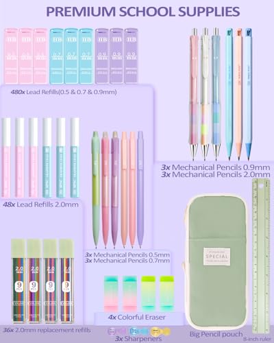 JIZHIYUAN Mechanical Pencil Set with Green Pencil Case,12X Pastel Mechanical Pencil 0.5mm-2.0mm with 564X HB+36X Color Leads for Writing, Drafting, Drawing, Sketching Ideal College Study Essentials - color: Green