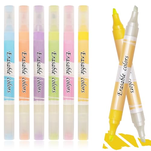Erasable Highlighters, Dual Tip Bible Highlighters Erasable,Aesthetic Highlighter Assorted Colors,Cute Pastel Highlighter No Bleed Through for School,Journaling,Office,6 Pack Large Capacity - color: Erasable