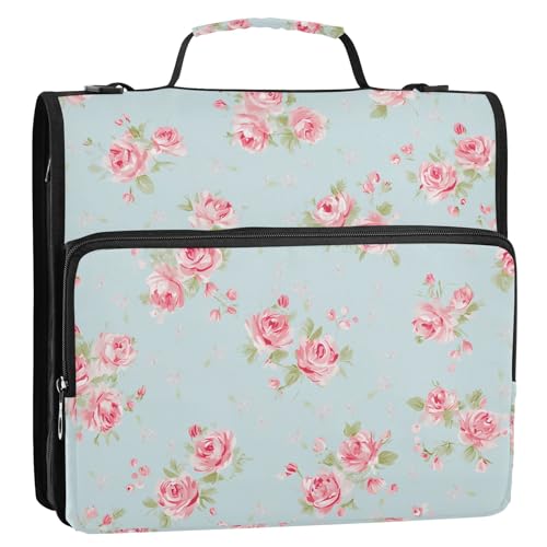 3 Ring Zipper Binder with Shoulder Strap Handle Shabby Chic Rose Vintage Portfolio File Organizer Bag School Office 500 Sheets Capacity 1.5 inch Ring