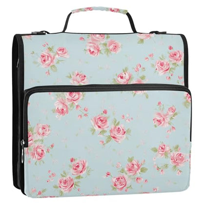 3 Ring Zipper Binder with Shoulder Strap Handle Shabby Chic Rose Vintage Portfolio File Organizer Bag School Office 500 Sheets Capacity 1.5 inch Ring