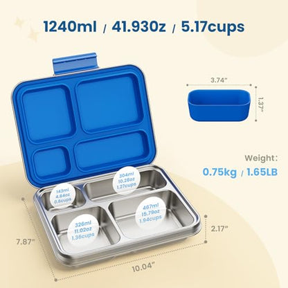 Stainless Steel Bento Box, 4-Compartment Metal Lunch Box with Removable Silicone, Lunch Container for Kids & Adults with Silicone Inner Container, School, Office, Dishwasher Safe(Blue) - color: Blue