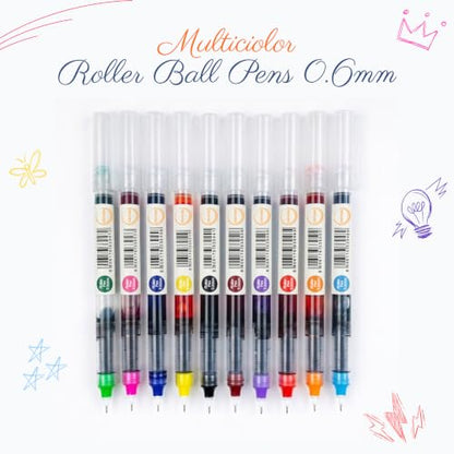 Multicolor Rollerball Pens Pack of 10 | 0.6mm Medium Fine Point | Smooth Writing Liquid Ink | Quick Dry | Non-Refillable Cap Pens for School, Office, Home, Journaling & Note Taking - color: Multicolour