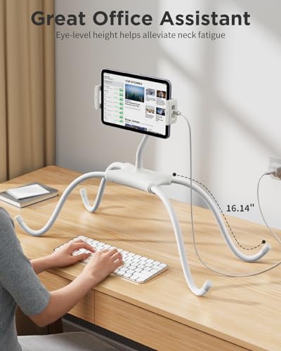 SAIJI Tablet Holder for Bed - iPad Phone Stand for Lap (White) | Fit Devices from 4.7" to 15.6", 360-Degree Rotating Clip, Hands-Free Reclined Reading, Neck & Posture Relief - color: White