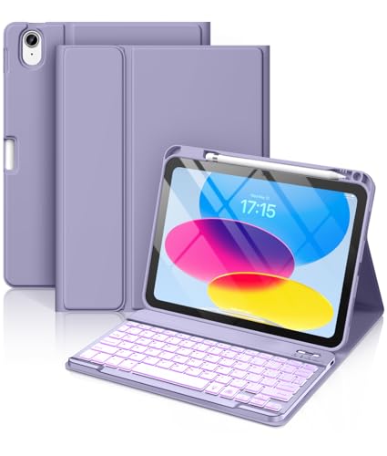 Hamile for iPad 11th 10th Generation Case with Keyboard - 7 Colors Backlit Wireless Detachable Folio Keyboard Cover with Pencil Holder for iPad 11-inch A16 2025 10th Gen 10.9 Inch 2022 (Lavender) - color: Lavender