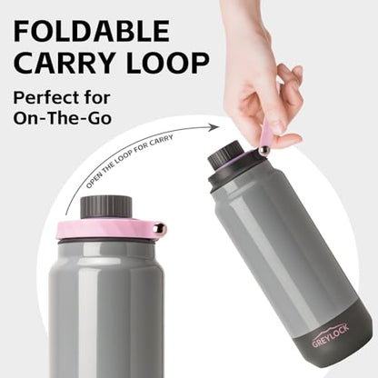 GREYLOCK 32 oz Insulated Water Bottle with Straw Lid, Leakproof Reusable Stainless Steel Vacuum Flask, 24hr Cold & Hot, Carry Handle & Silicone Spout, BPA-Free for Gym, Hiking, Travel, Grey - color: Stone Blossom, size: 32 Ounces