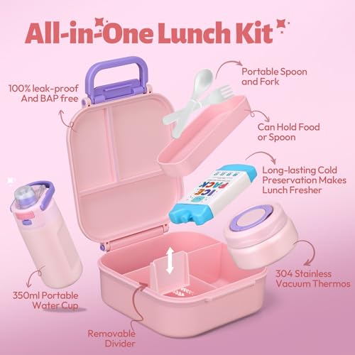 Itslife Bento Box for Kids Set, Insulated Food Container,Kids Lunch Box, 7 oz Thermos for Hot Food, 12 oz Thermos Water Bottle, Reusable Insulated Ice Bag & Fork Spoon Utensils Camping Travel Pink - color: Pink