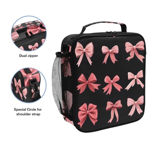 ALAZA Pink Red Bow Black Lunch Box Insulated Lunch Bag Kids Cooler Tote Bag Freezable Shoulder Strap Lunchbox for Girls School Picnic - color: Multi1057
