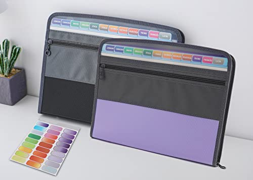 NAFY Accordian File Organizer, 13 Pockets Expanding File Folder with Zipper, A4 Letter Size Portable Accordion Expanding File Folders with Multicolor Labels for Office School Supplies (Black+Purple) - color: Black+purple
