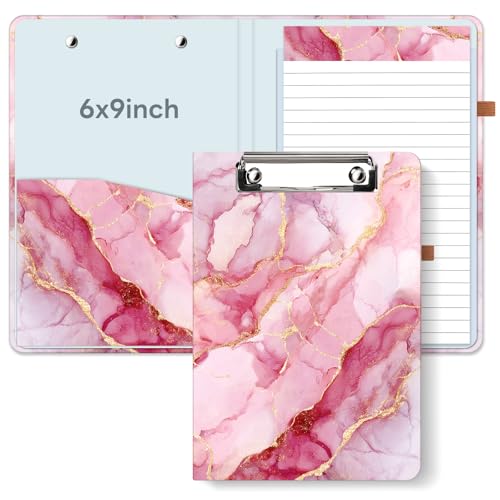 A5 Clipboard Folio with No-Spiral Design, 6x9 in Refillable Notepad Portfolio, 12 Cute Cat & Marble Floral Designs Travel-Friendly for Work, School, Pink-Marble - color: Pink-marble