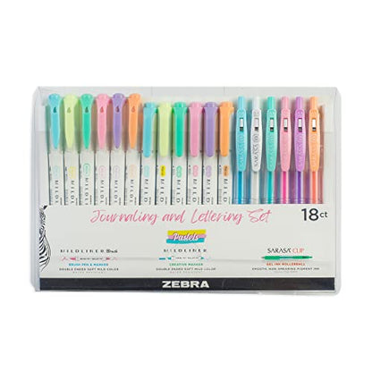 Zebra Pen Journaling and Lettering Set, 18-Pack Pastel Colors, Includes 6 Mildliner Highlighters, 6 Brush Pens, and 6 Sarasa Clip Gel Pens, Ideal for Creative Planning and Hand Lettering (76018) - style: Calligraphy and Journaling Set
