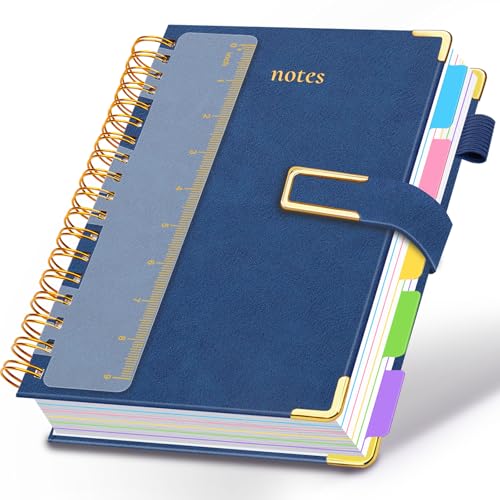 Hardcover Spiral Notebook College Ruled, Leather Journal Notebook with Magnetic Closure, 300 Pages 5 Subject Notebook with Dividers Tabs Journal for Women Men, Work, School (Dark Blue) - color: Dark Blue, size: B5-8"x10"