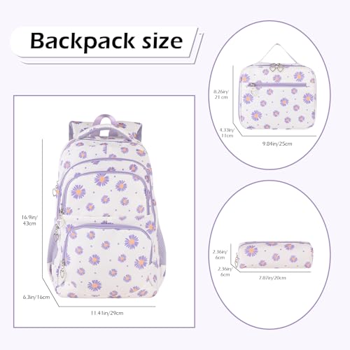 Glodwheat Daisy Printed Backpack For Girls- 3Pc Set With Lunch Box & Pencil Case, Lightweight Water-Resistant Bookbag For Elementary School - color: White