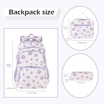 Glodwheat Daisy Printed Backpack For Girls- 3Pc Set With Lunch Box & Pencil Case, Lightweight Water-Resistant Bookbag For Elementary School - color: White