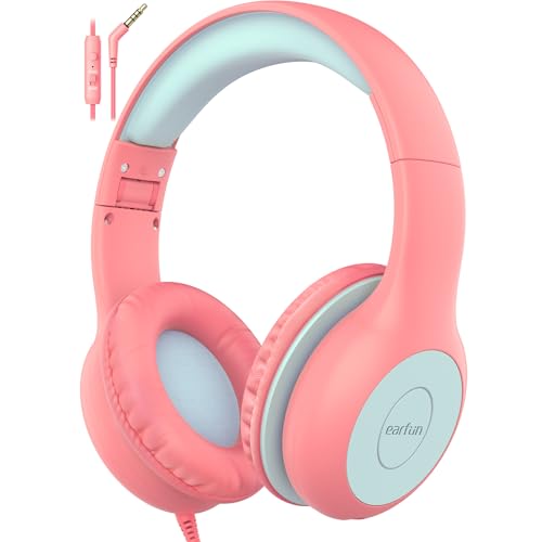 EarFun Kids Headphones Wired with Microphone, 85/94dB Volume Limit Headphones for Kids, Portable Wired Headphone with Shareport, Stereo Sound Foldable Headset for School/Tablet/iPad/Kindle Pink - color: Pink Blue