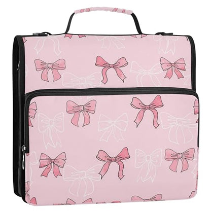 Cute Pink Bow Zipper Binder with Shoulder Strap, 500 Sheets Capacity, Multiple Pockets 1.5Inch 3 Ring Zipper Binder - color: Bow