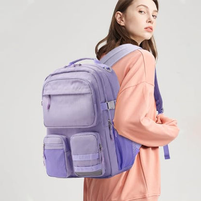 Big Student Backpack for Teen Girls, Water Resistant Multi Pockets Daypack with 15.6 Inch Laptop pocket for Travel School College (Purple) - color: Purple