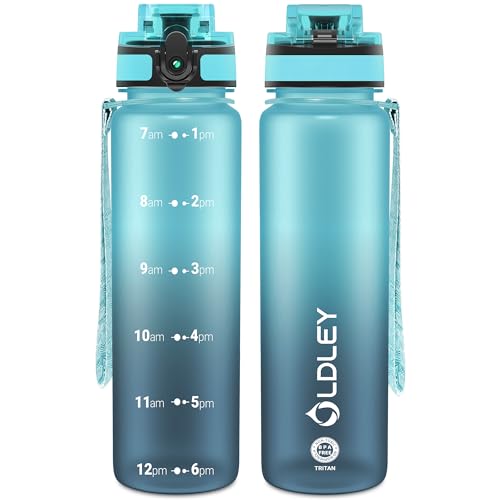 OLDLEY 32 oz Water Bottle, Motivational Water Bottle with Time Marker, Sports Water Bottle With Strap, Leakproof & BPA Free Large Water Bottles for School, Gym, Travel, Outdoor, Tritan,Blue&Gray - color: Blue&Gray, size: 32 Ounces
