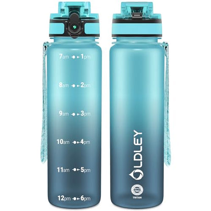 OLDLEY 32 oz Water Bottle, Motivational Water Bottle with Time Marker, Sports Water Bottle With Strap, Leakproof & BPA Free Large Water Bottles for School, Gym, Travel, Outdoor, Tritan,Blue&Gray
