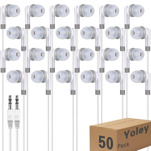 Bulk Earbud Headphones 50 Pack for School Classroom Kids, Wholeslae Wired Durable Earphones Class Set for Students Children Toddler Teens Boys Girls and Adult (White, 50pcs) - color: White, size: 50 PACK