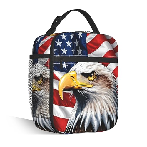 Insulated American Flag Eagle Lunch Bag, Reusable Cooler Tote with Handle | Portable lunch bag with insulated lining, side mesh pocket and spacious design for school, office, picnic and outdoor use - color: American Flag Eagle