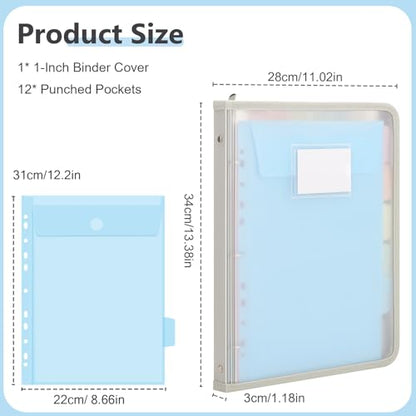 Uquelic Clear Zipper Binder with 12 Colorful Letter/A4 Pockets | 3 Ring Document Organizer with Dividers - Durable PP Cover, Large Capacity Cute Folder for School, Office & Home