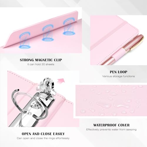 Ospelelf Pink Leather Binder with Magnetic Clipboard, 1 Inch Binders 3 Ring with Storage Zipper Pouch, Pocketed Dividers, Professional Clipboard Folder for School Office Nursing - color: Pink