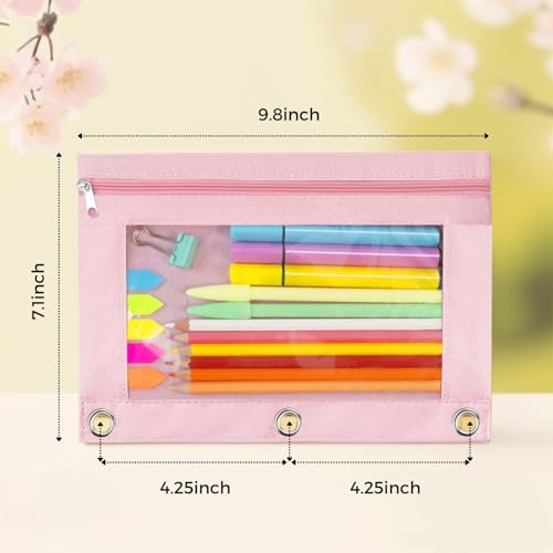 Pencil Pouch 3 Ring Binder, Zipper Clear Window Pencil Pouches Case Cosmetic Bag with Initial Pink 2 Pack - color: Pink