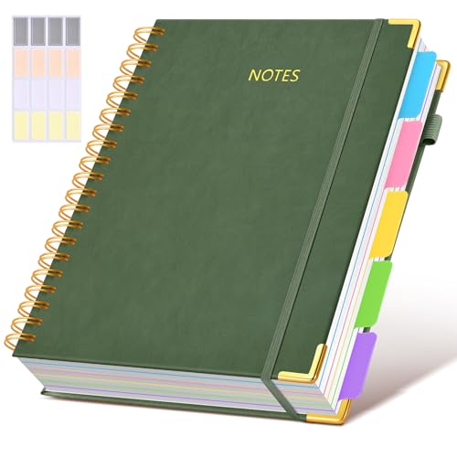 Hardcover Spiral Notebook 8.5"x11" Journal with Removable Dividers Tabs, 300 Pages Leather 5 Subject Notebook College Ruled, Large A4 Notebooks for Work School, Lined Journal for Women, A4 Green - color: Green, size: 8.5"x11"