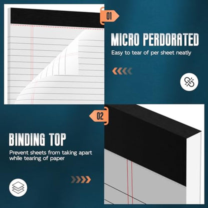 White Legal Note Pads 8.5''x 11'', 6 Pack Legal Paper Note Pads, Micro Perforated Wide Ruled Lined Writing Pads 30 Sheets/60 Pages for Home Office School Work Legal Notepads Double-Side Printed Per - color: White- 6