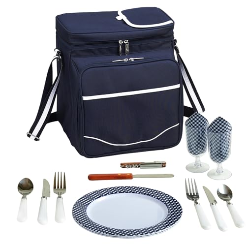 Picnic at Ascot Original Insulated Picnic Basket/Cooler Equipped with Service for 2- Designed, Assembled & Quality Approved in the USA - color: Navy/White
