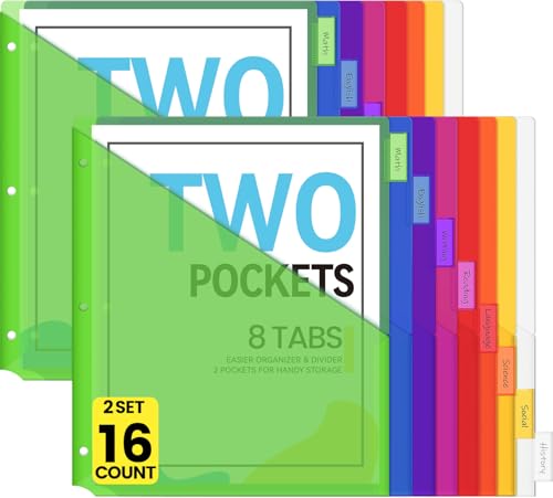 Sooez 16 Count Dividers with Pockets, Binder Dividers with tabs | Binder Dividers for 3 Ring Binders, Binder Divider with Pockets for US Letter Size, Insertable Big Tabs, Multicolor,Set of 2 - color: Green, size: 2 Sets