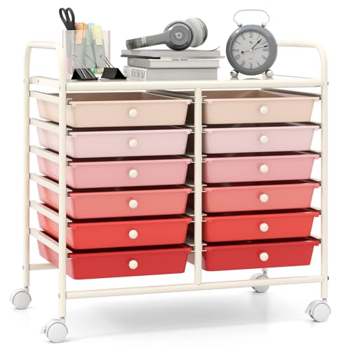 Giantex 12 Drawers Rolling Cart, Mobile Storage Drawer Cart, Classroom Organizer Cart for Office School Supplies Tools Scrapbook Paper Craft Small Printer, Utility Cart on Wheels, Pink Gradient - color: Pink Gradient, size: 25” x 15” x 24.5”(12 Drawers)
