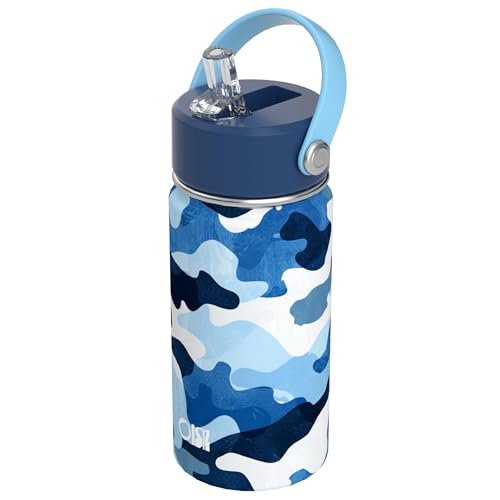 OISIZ Kids Water Bottle with Straw Lid 14oz, Vacuum Insulated 316 Stainless Steel Water Bottles for Kids for School, Leakproof Water Bottle, BPA Free and Keep Cold for 24 Hours - color: Navy Camouflage, size: 14 Ounces