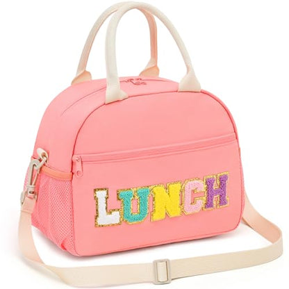 Lunch Bag for Girls and Women, Cute Preppy Lunch Bag with Chenille Letters, Insulated Large Capacity Lunch Tote with Detachable Strap for School, Work & Picnic, Pink - color: Pink
