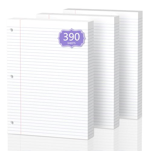 390 Sheets Loose Leaf Paper 8" x 10.5" Filler Paper College Ruled 3-Hole Punched Lined Paper Notebook Paper for 3-Ring Binders Notepad Writing Note Pads Ideal for Home, School, Office - color: White - 3 Pack
