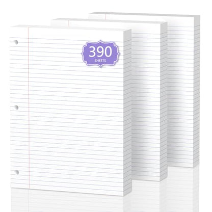 390 Sheets Loose Leaf Paper 8" x 10.5" Filler Paper College Ruled 3-Hole Punched Lined Paper Notebook Paper for 3-Ring Binders Notepad Writing Note Pads Ideal for Home, School, Office - color: White - 3 Pack