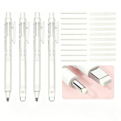 4 Pack Retractable Mechanical Eraser Pen Set (4 White) with 20 Refills (10 Rectangular, 10 Round Tips), Precision Erasers for Artists Drawing, Office & Students - color: White