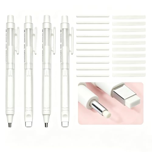 4 Pack Retractable Mechanical Eraser Pen Set (4 White) with 20 Refills (10 Rectangular, 10 Round Tips), Precision Erasers for Artists Drawing, Office & Students - color: White