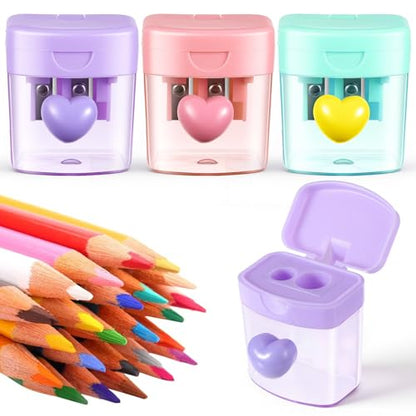3 PCS Heart Pencil Sharpener, Colorful Dual Holes Pencil Sharpener with Lid Handheld Small Manual Crayon Sharpeners for Home and Office (Green, Purple, Pink)