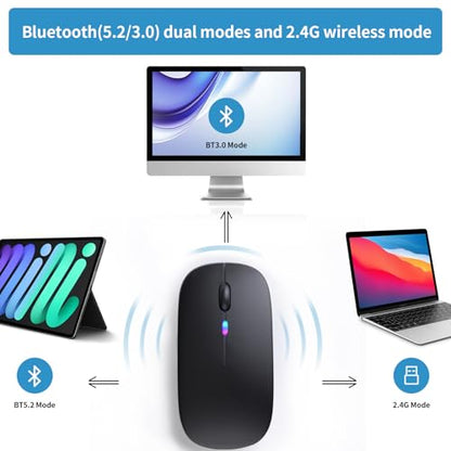 Wireless Bluetooth Mouse, Rechargeable, LED, Silent, Ultra-thin Design (Bluetooth 5.2 and 2.4GHz USB Receiver) | Portable Computer Mouse for Laptops, iPads, MacBooks and Apple Devices (Black) - color: Black